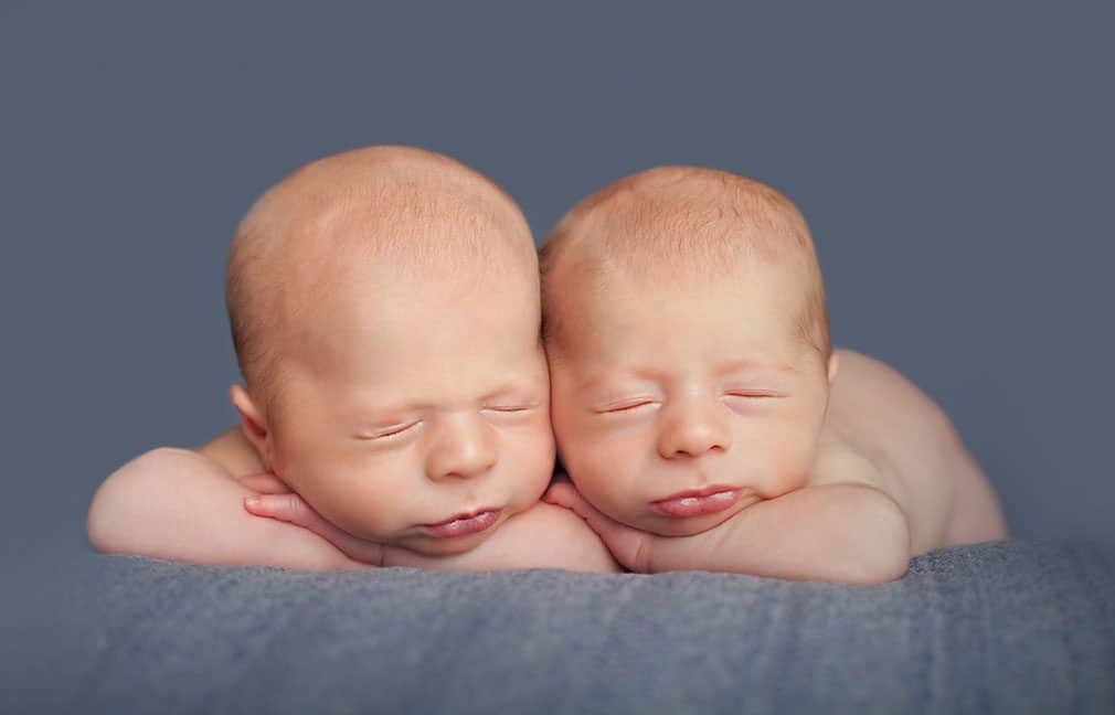 newborn twins posed for portrait on blue background.