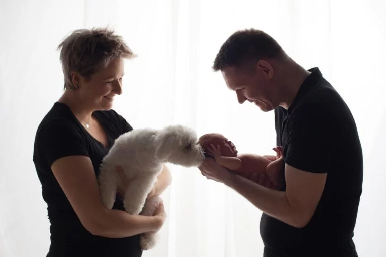 Newborn family photos with siblings and dogs. 17
