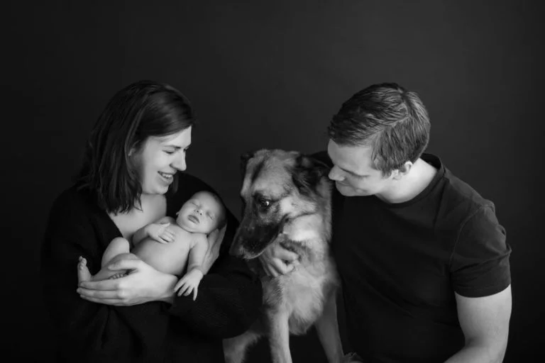 Newborn family photos with siblings and dogs. 22